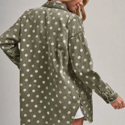 BON Polka Dot Fall Chambray Shirt Top with Pockets - Vintage Olive