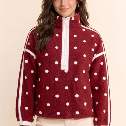DAVI & DANI Polka Dot Half Zip Fleece Pullover - Wine