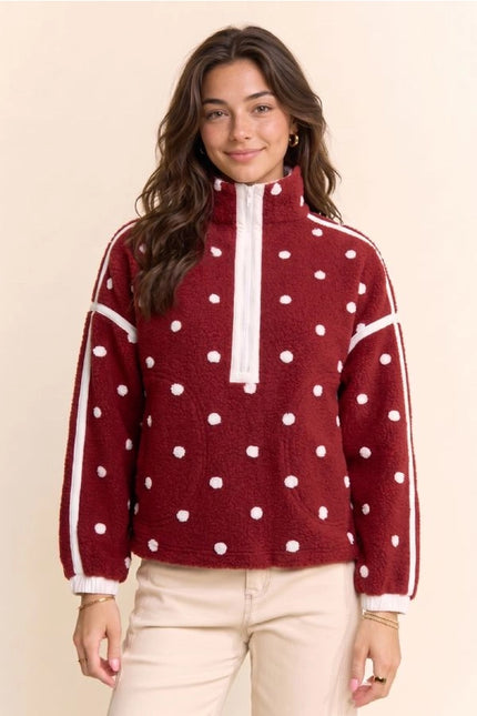 DAVI & DANI Polka Dot Half Zip Fleece Pullover - Wine
