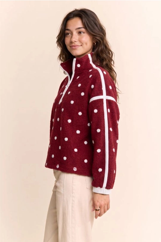 DAVI & DANI Polka Dot Half Zip Fleece Pullover - Wine