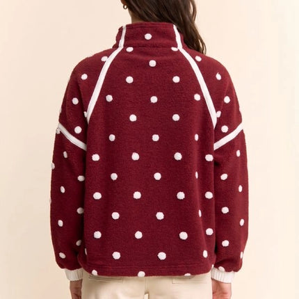 DAVI & DANI Polka Dot Half Zip Fleece Pullover - Wine