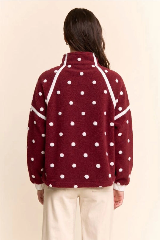 DAVI & DANI Polka Dot Half Zip Fleece Pullover - Wine
