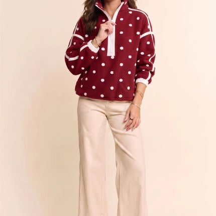 DAVI & DANI Polka Dot Half Zip Fleece Pullover - Wine