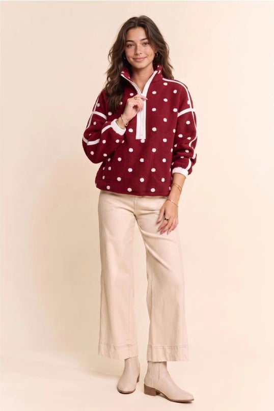 DAVI & DANI Polka Dot Half Zip Fleece Pullover - Wine
