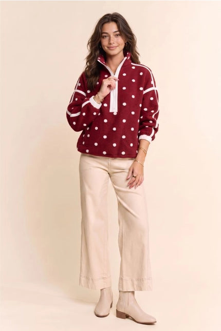 DAVI & DANI Polka Dot Half Zip Fleece Pullover - Wine