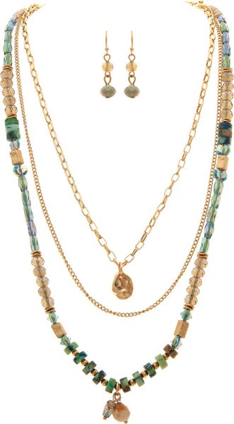 Gold Green Gem Glass Layer Necklace