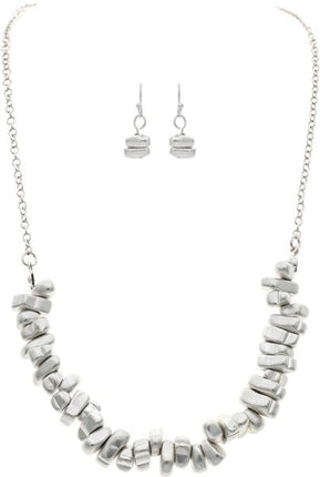 Silver Matte Silver Nugget Bead Row Necklace Set