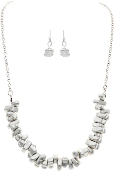 Silver Matte Silver Nugget Bead Row Necklace Set