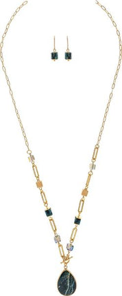 Gold Green Cube Bead Pendant Long Necklace