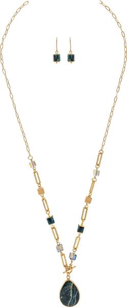 Gold Green Cube Bead Pendant Long Necklace