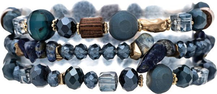 Gold Blue Wood Stone Glass 3 Piece Bracelet Set