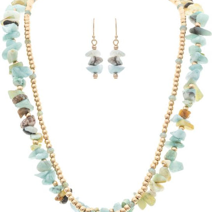 Gold Amazonite Green Stone Bead Necklace Set