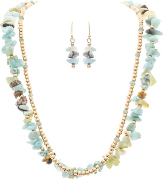 Gold Amazonite Green Stone Bead Necklace Set