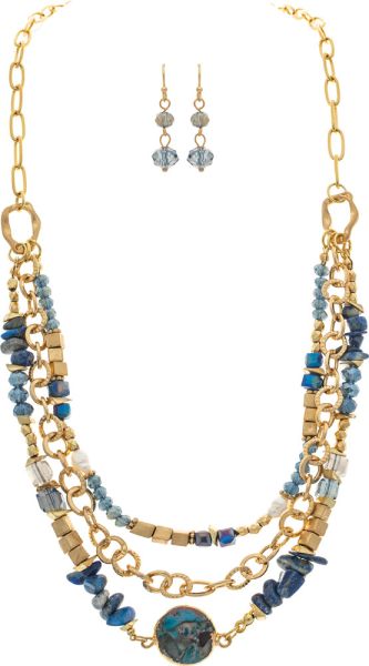 Gold Square Blue Bead Glass Layer Necklace Set
