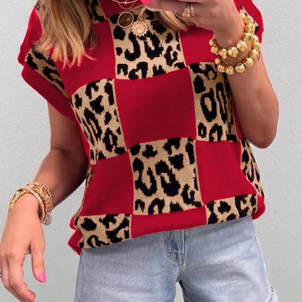 LOVESOFT Red Leopard Checkerboard Short Sleeve Knit Sweater