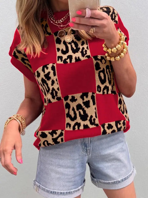 LOVESOFT Red Leopard Checkerboard Short Sleeve Knit Sweater