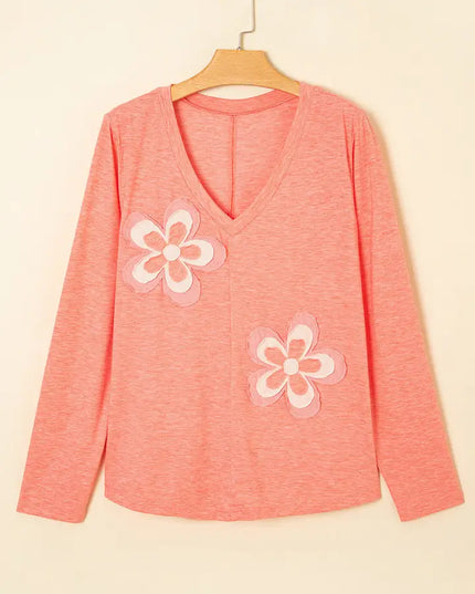 LOVESOFT Floral Patchwork V Neck Long Sleeve T Shirt