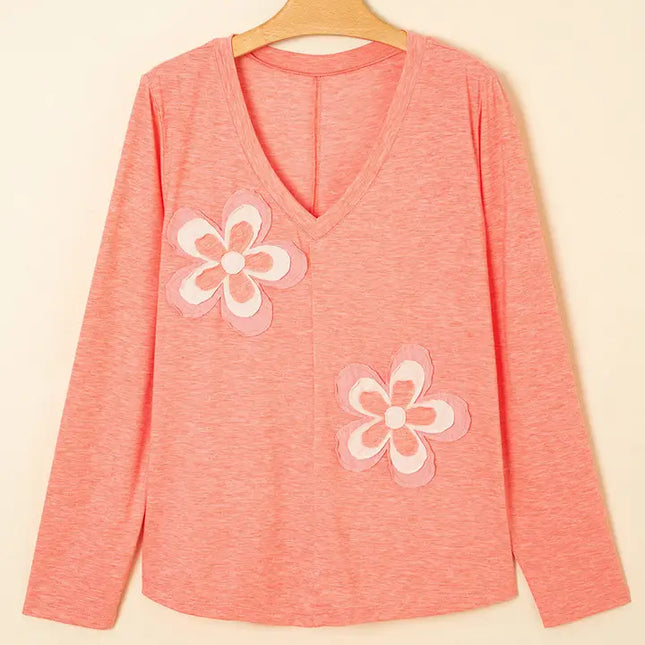 LOVESOFT Floral Patchwork V Neck Long Sleeve T Shirt