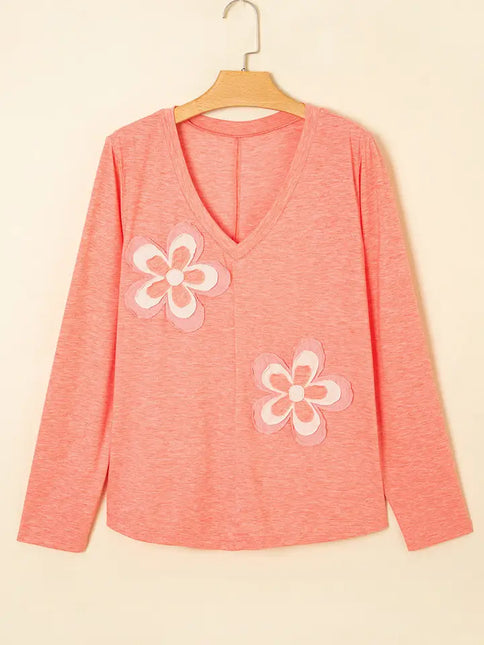 LOVESOFT Floral Patchwork V Neck Long Sleeve T Shirt