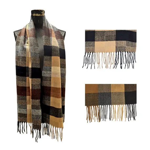 Large Block Plaid Cashmere Touch Muffler Scarf with Fringe