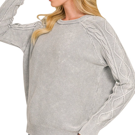 42 POPS Washed Cable Sleeve Crewneck Sweater