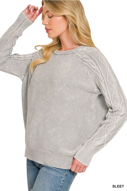42 POPS Washed Cable Sleeve Crewneck Sweater