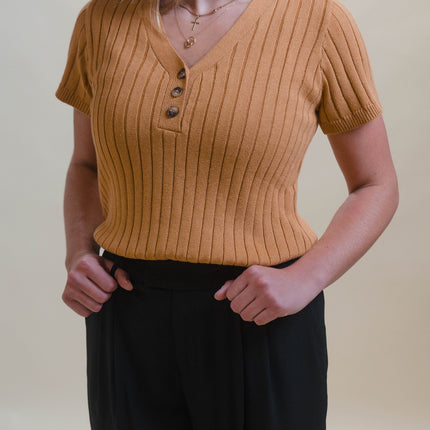 SOFT RIB SWEATER TOP W/ BUTTON-DOWN DETAIL