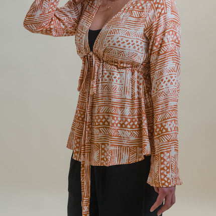 WESTERN AZTEC PRINTED BLOUSE WITH WAIST TIE