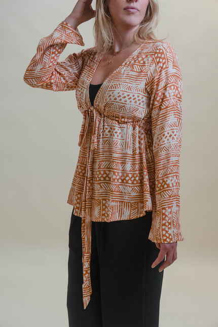 WESTERN AZTEC PRINTED BLOUSE WITH WAIST TIE